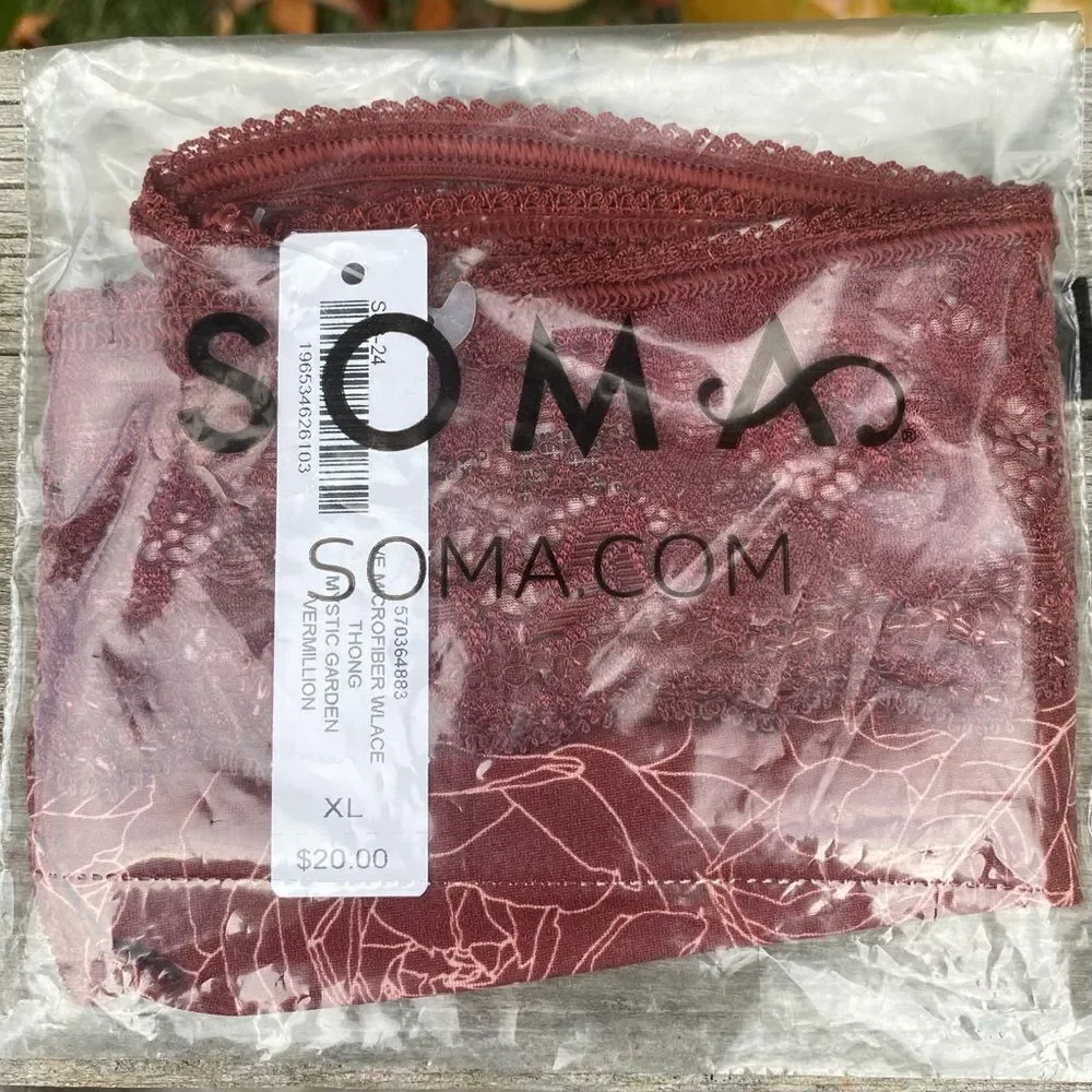 Soma Lace-Trim Thong Pair - Burgundy & Black Floral NWT